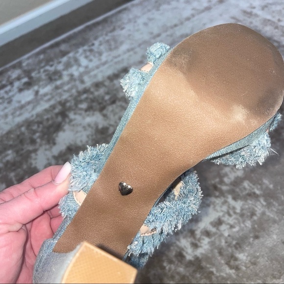 - Laura Marano Not Rated Platform Heels Blue Jean Fringe 5 inch Open Toe SZ 8 - Picture 9 of 11